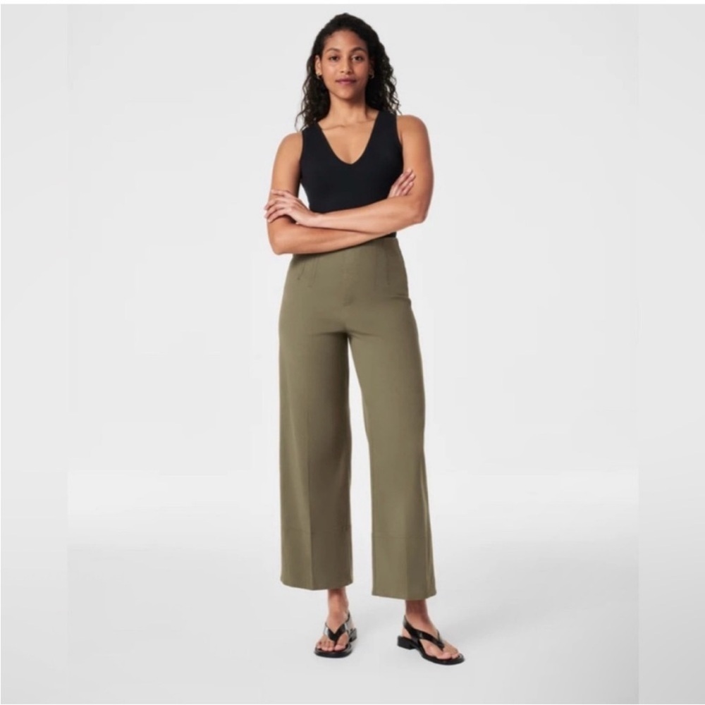 SPANX stretch twill wide leg pant pull on cropped tuscan olive green size L